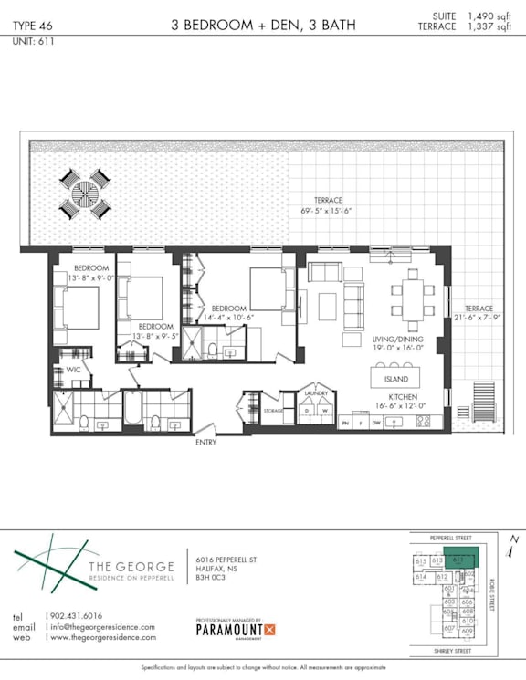 A floor plan for a 3 bedroom, 3 bathroom suite.
