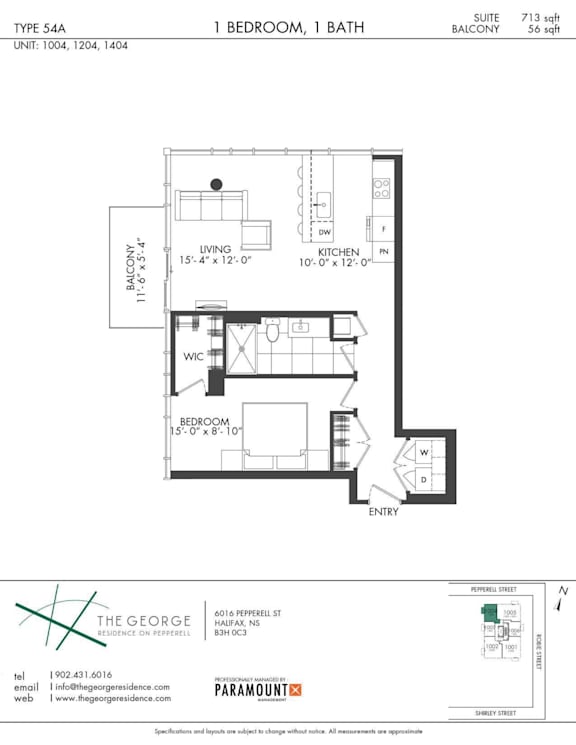 A floor plan for a 1 bedroom, 1 bath apartment at The George Residences on Prospect Hill.