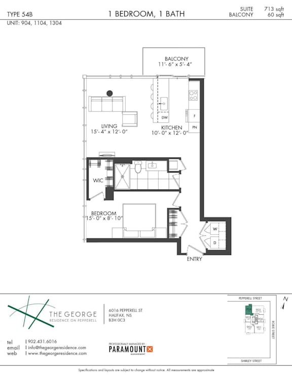 A floor plan for a 1 bedroom, 1 bath apartment in The George Residences on Prospect Hill.