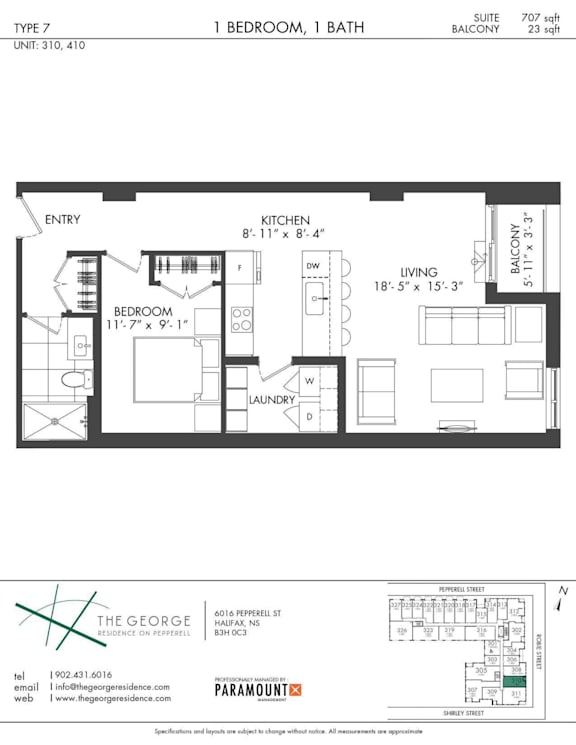 A floor plan for a 1 bedroom, 1 bath apartment at The George Residences on Pepperell Street.