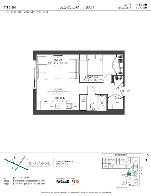 A floor plan for a 1 bedroom, 1 bath apartment at The George Residences on Paramount.