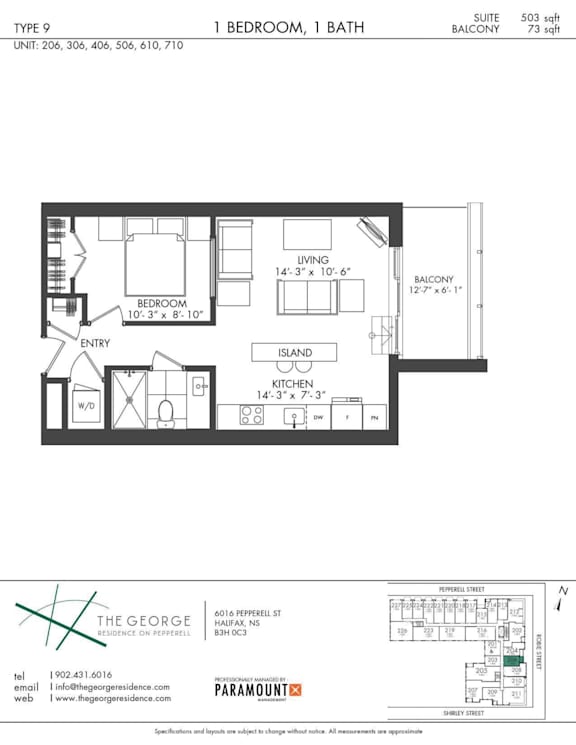 A floor plan for a 1 bedroom, 1 bath apartment in Balcony type 9.