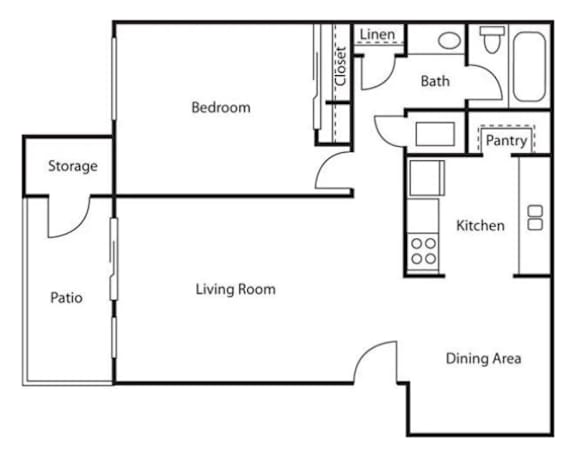 Floorplan of the Aspen style 1 bedroom 1 bathroom unit