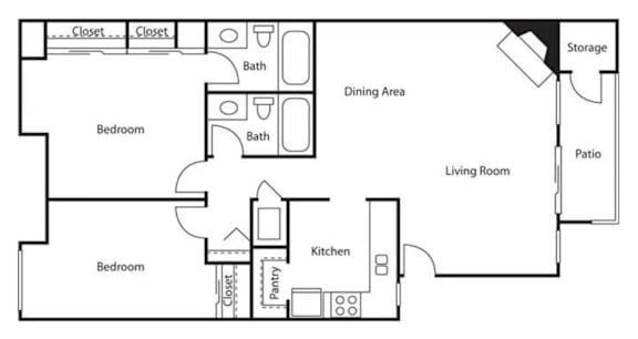 Floorplan of a 2 bedroom 2 bathroom unit