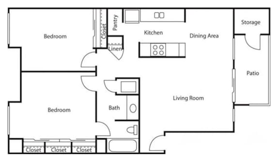 Floorplan of a 2 bedroom 1 bathroom unit