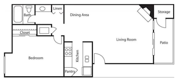 Floorplan of the Pine style 1 bedroom 1 bathroom unit