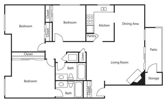 Floorplan of a 3 bedroom 2 bathroom unit