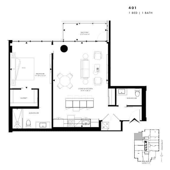 Floor plan of 401 (1 Bed, 1 Bath) at SoHo Italia