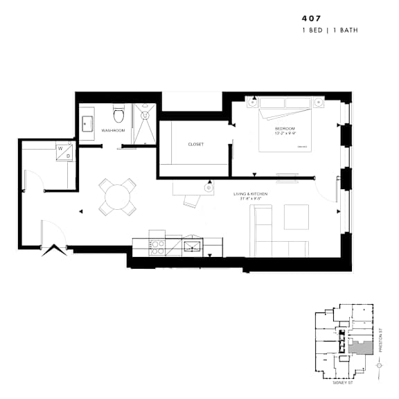 Floor Plan  Floor plan of 407 (1 Bed, 1 Bath) at SoHo Italia