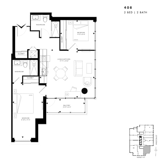 Floor plan of 408 (2 Bed, 2 Bath) at SoHo Italia