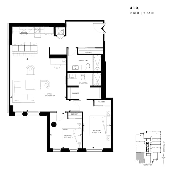 Floor plan of 410 (2 Bed, 2 Bath) at SoHo Italia