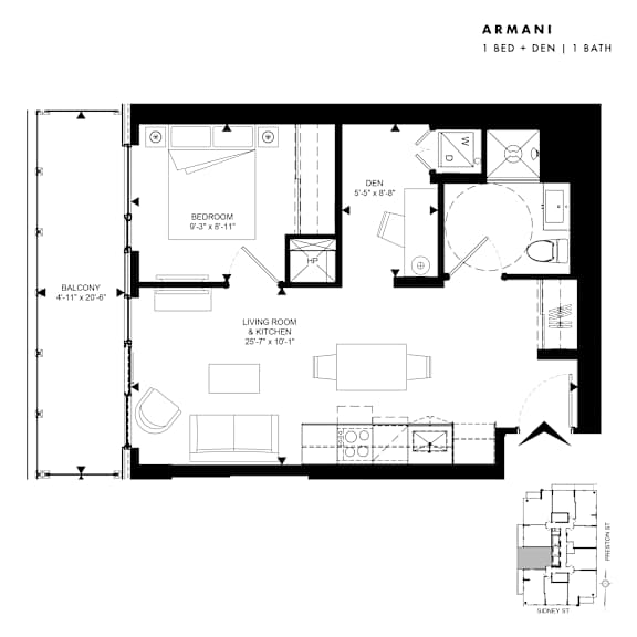 Floor Plan  Floor plan of Armani (1 Bed + Den, 1 Bath) at SoHo Italia