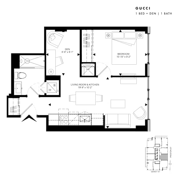 Floor Plan  Floor plan of Gucci (1 Bed + Den, 1 Bath) at SoHo Italia