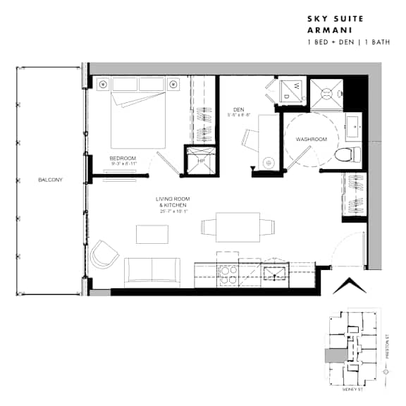 Floor Plan  Floor plan of Sky Suite Armani (1 Bed + Den, 1 Bath) at SoHo Italia