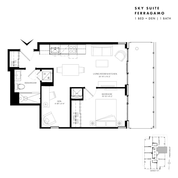 Floor plan of Sky Suite Ferragamo (1 Bed + Den, 1 Bath) at SoHo Italia