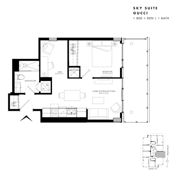 Floor plan of Sky Suite Gucci (1 Bed + Den, 1 Bath) at SoHo Italia