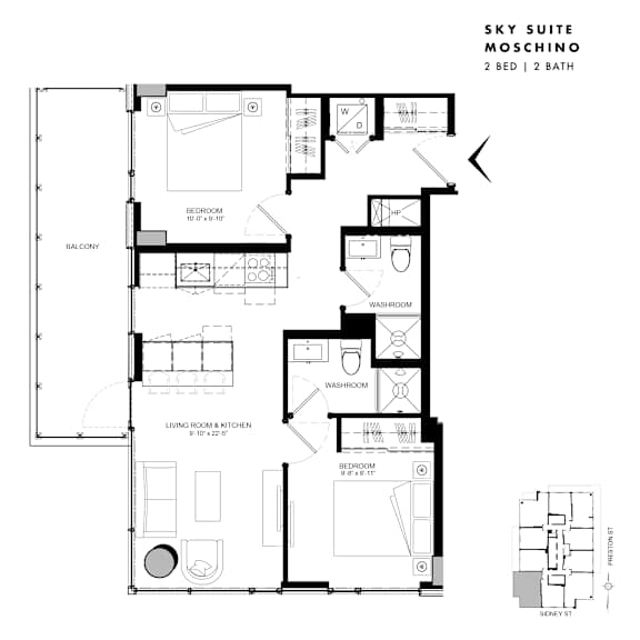Floor plan of Sky Suite Moschino (2 Bed, 2 Bath) at SoHo Italia