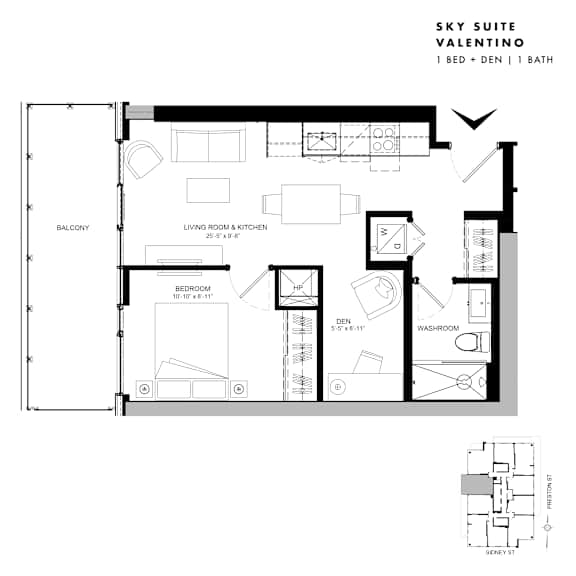 Floor plan of Sky Suite Valentino (1 Bed + Den, 1 Bath) at SoHo Italia