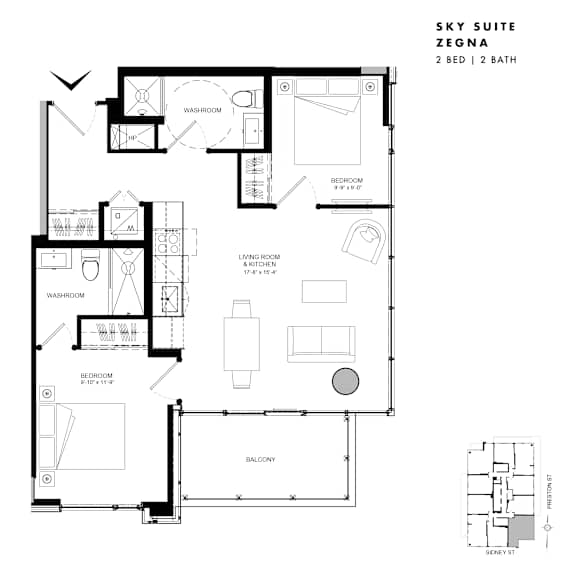 Floor plan of Sky Suite Zegna (2 Bed, 2 Bath) at SoHo Italia