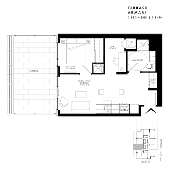 Floor plan of Terrace Suite Armani (1 Bed + Den, 1 Bath) at SoHo Italia