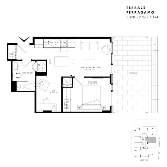 Floor plan of Ferragamo Suite Ferragamo (1 Bed + Den, 1 Bath) at SoHo Italia