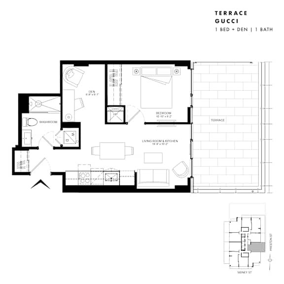 Floor plan of Terrace Suite Gucci (1 Bed + Den, 1 Bath) at SoHo Italia
