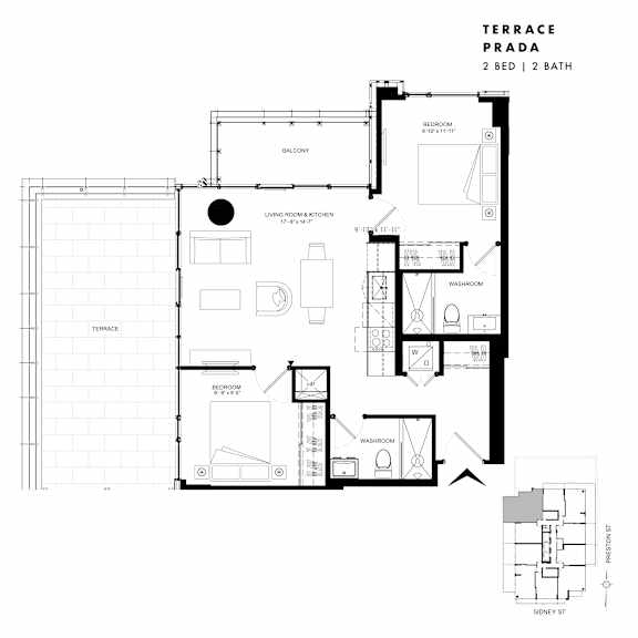 Floor plan of Terrace Suite Prada (2 Bed, 2 Bath) at SoHo Italia
