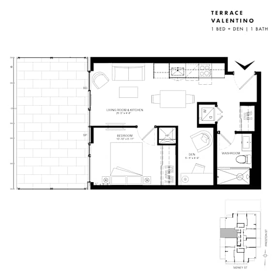 Floor plan of Terrace Suite Valentino (1 Bed + Den, 1 Bath) at SoHo Italia