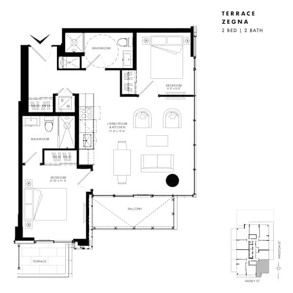 Floor plan of Terrace Suite Zegna (2 Bed, 2 Bath) at SoHo Italia