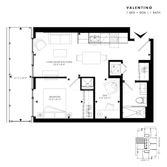 Floor Plan  Floor plan of Valentino (1 Bed + Den, 1 Bath) at SoHo Italia
