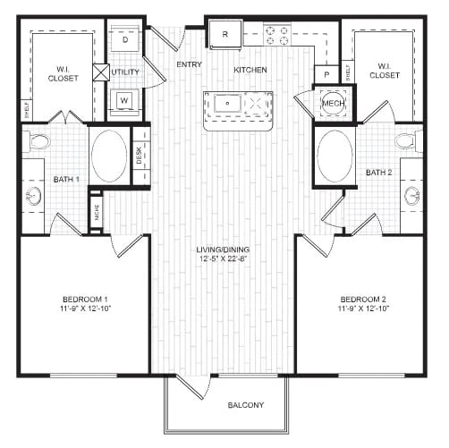 A black and white floor plan of a two bedroom apartment.