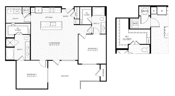A floor plan of a house with a living room, dining room, kitchen, and two bathrooms.