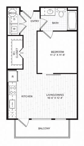 Floor Plan  A floor plan of a small apartment with a bedroom, living/dining area, kitchen, and balcony.