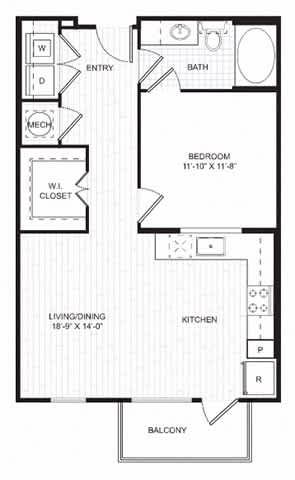 A floor plan of an apartment with a bedroom, living room, kitchen, and balcony.
