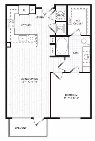 A black and white image of a floor plan for a living space.