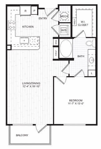 A black and white image of a floor plan for a living space.