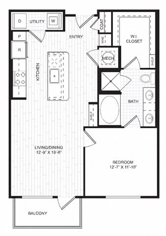 A black and white image of a floor plan for a home with a living room, dining room, kitchen, bathroom, and two bedrooms.