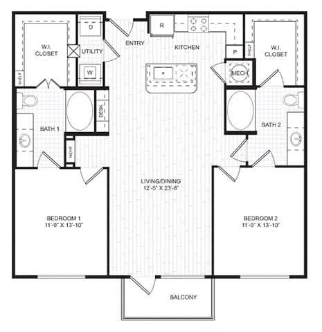 A black and white image of a house floor plan with two bedrooms, a living room, a kitchen, a bathroom, a utility closet, and a balcony.