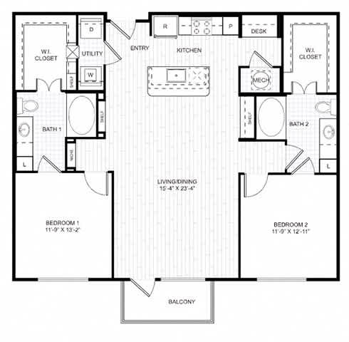 A black and white image of a floor plan for a two bedroom apartment.