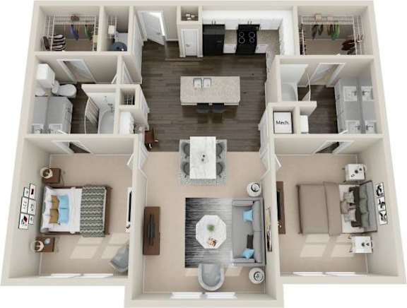 A top-down view of a modern apartment layout with a kitchen, living room, and bedroom.