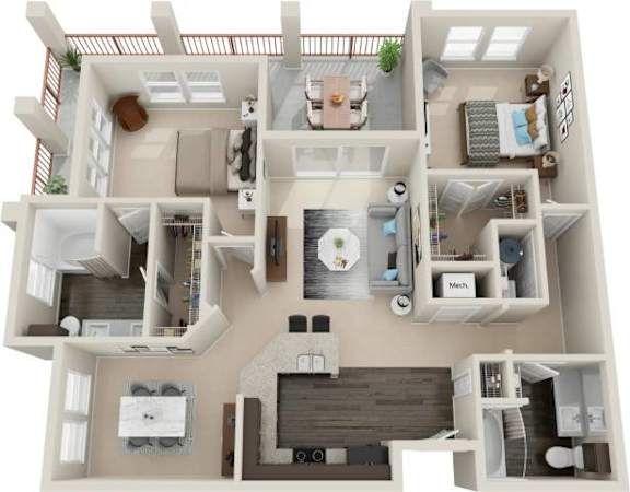 A 3D floor plan of a house with a kitchen, living room, and two bedrooms.