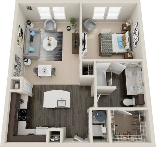 A top-down view of a small apartment with a kitchen, living room, and bedroom.