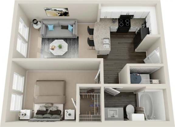 A 3D rendered image of a modern apartment layout.