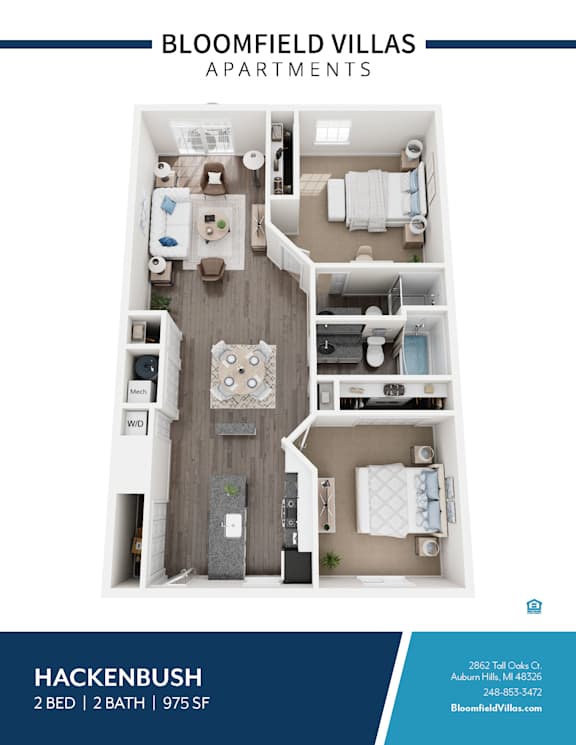 A floor plan of a two bedroom, two bathroom apartment at Bloomfield Villas.
