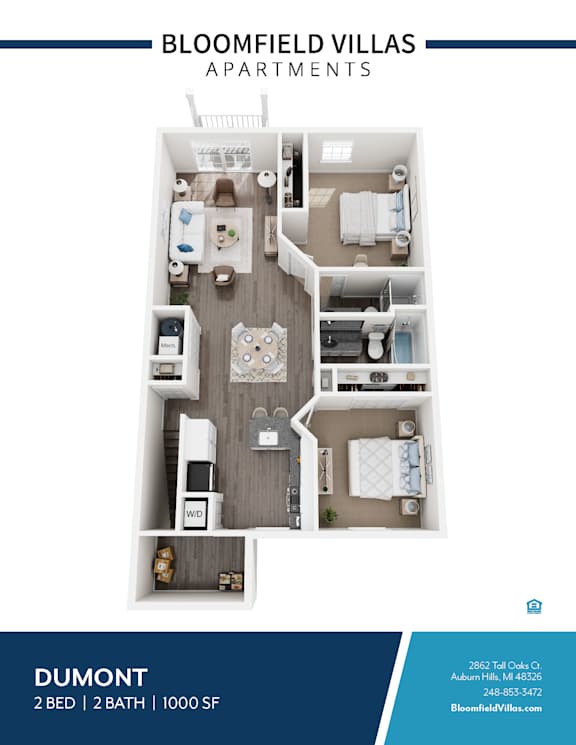 A floor plan of a 2 bedroom, 2 bathroom apartment with a living room, kitchen, and dining area.