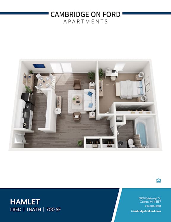 A blue and white image of an apartment layout for Cambridge on Ford Apartments.