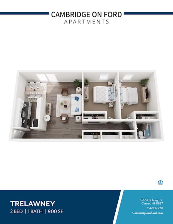 Apartment listing for Cambridge on Ford Apartments showing a 2 bedroom apartment with 1 bath.