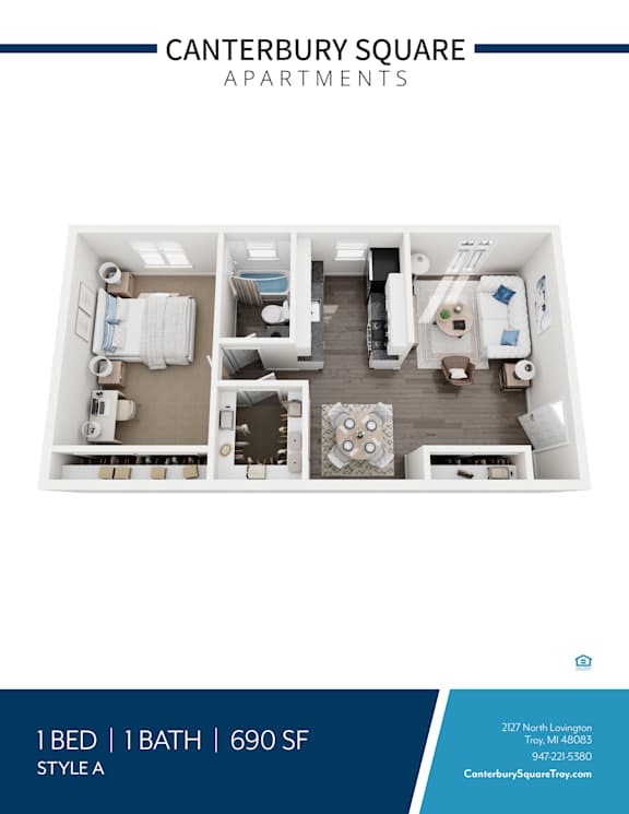 One bedroom floor plan 3D rendering style a at Canterbury Square Apartments, Troy, MI 48083