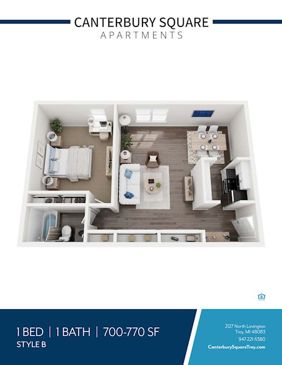 One bedroom floor plan 3D rendering style b at Canterbury Square Apartments, Troy, MI