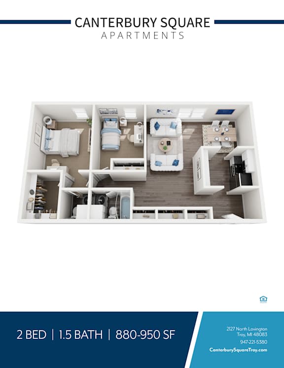 2 bedroom apartment 3D floor plan layout at Canterbury Square Apartments, Troy, Michigan